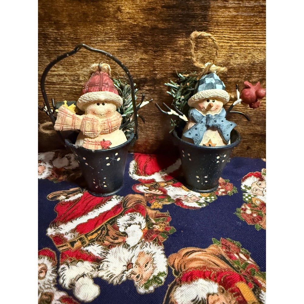 Set of 2 Primitive Snowman Ornaments in Rustic Metal Buckets Christmas Decor